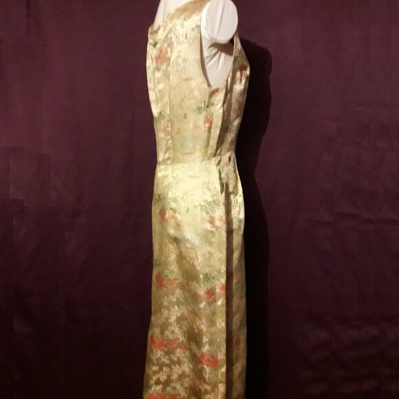 Fabulous Vintage Embroidered Gold Silk Cocktail Sheath Wiggle Dress 50s 60s - Picture 3 of 9